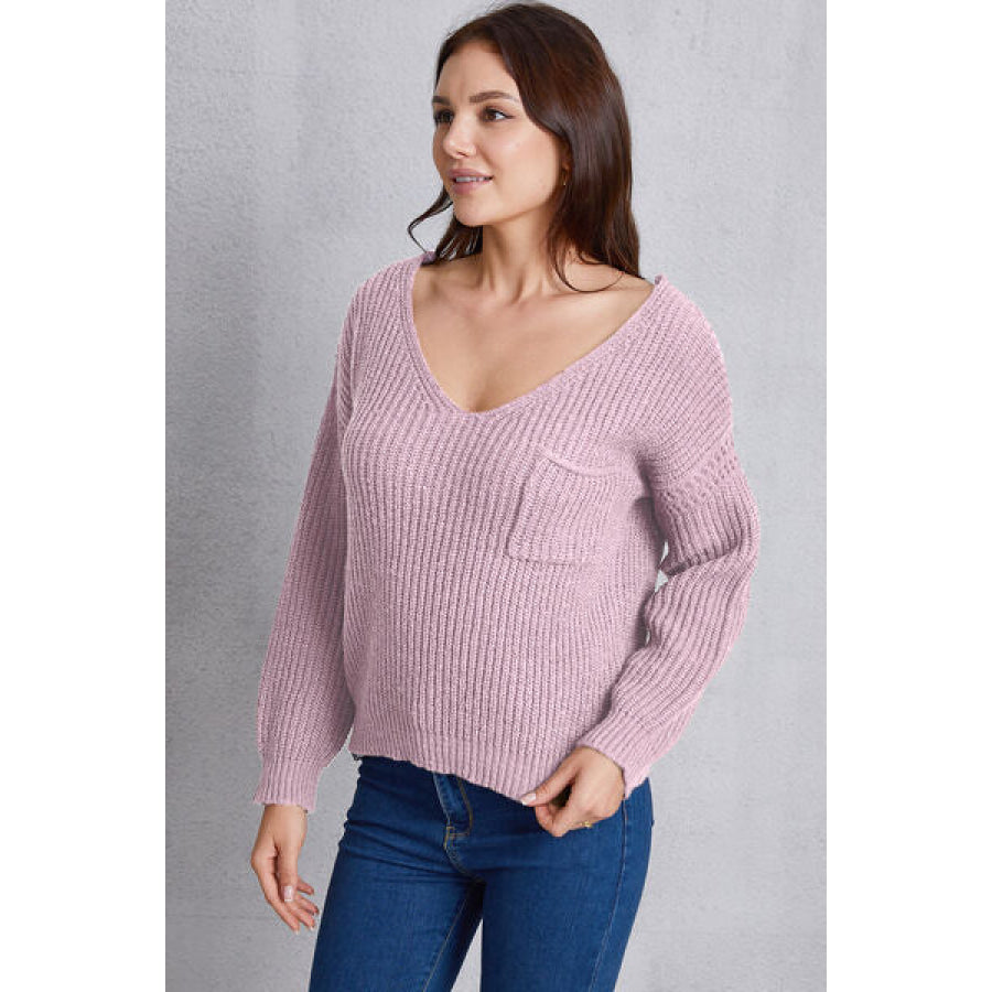 V - Neck Pocketed Dropped Shoulder Knit Top Apparel and Accessories