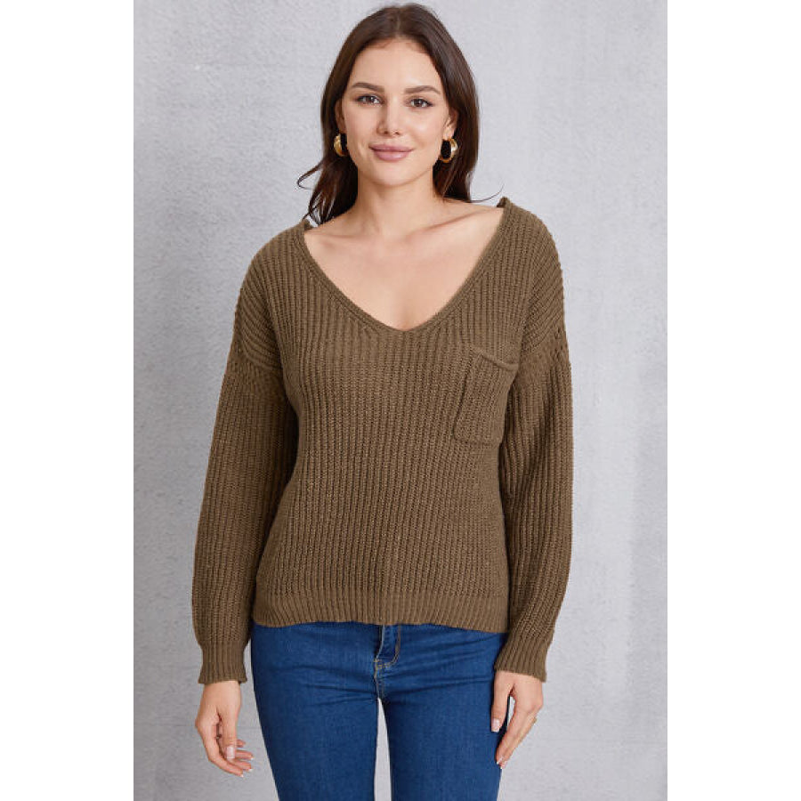 V - Neck Pocketed Dropped Shoulder Knit Top Chestnut / S Apparel and Accessories