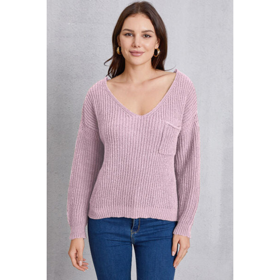 V - Neck Pocketed Dropped Shoulder Knit Top Lavender / S Apparel and Accessories