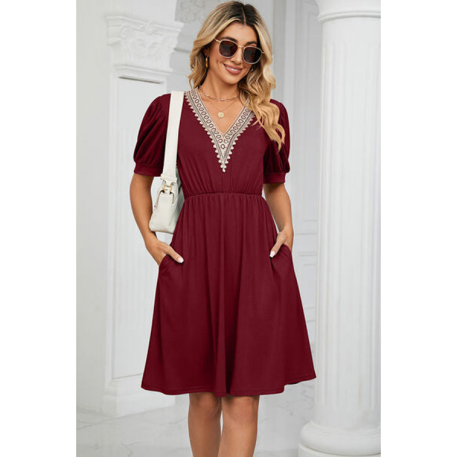 V - Neck Puff Sleeve Dress Apparel and Accessories