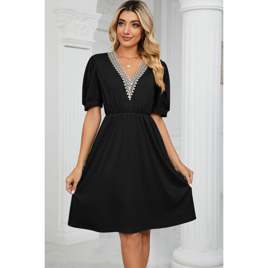 V - Neck Puff Sleeve Dress Black / S Apparel and Accessories