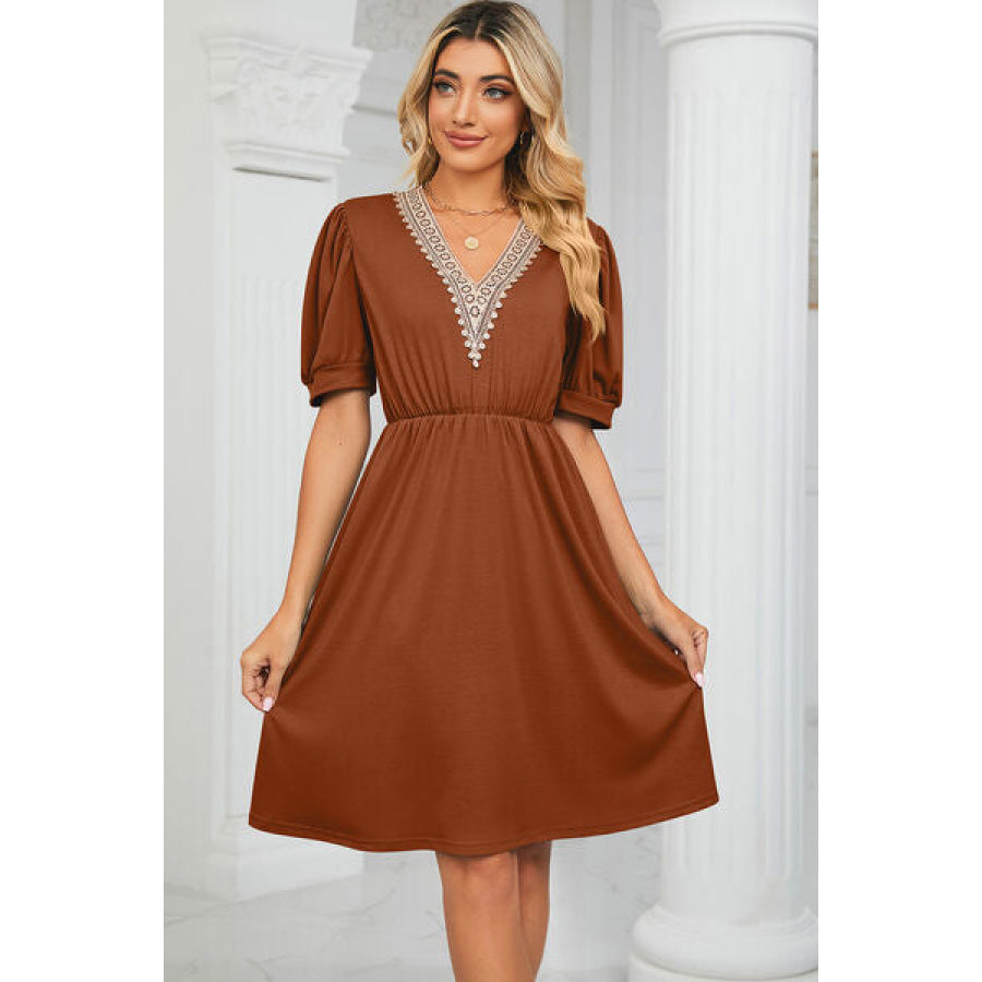 V - Neck Puff Sleeve Dress Caramel / S Apparel and Accessories