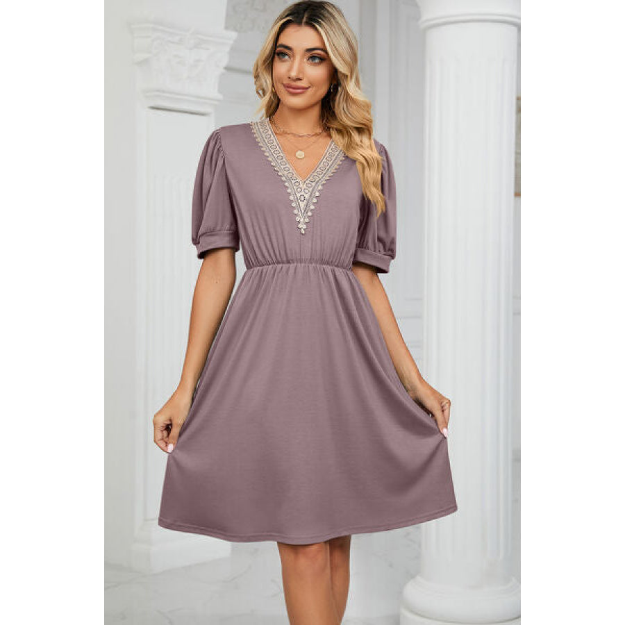 V - Neck Puff Sleeve Dress Lilac / S Apparel and Accessories