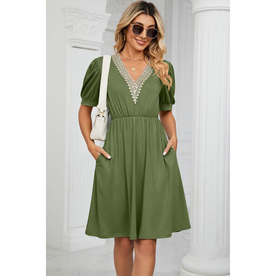 V - Neck Puff Sleeve Dress Matcha Green / S Apparel and Accessories