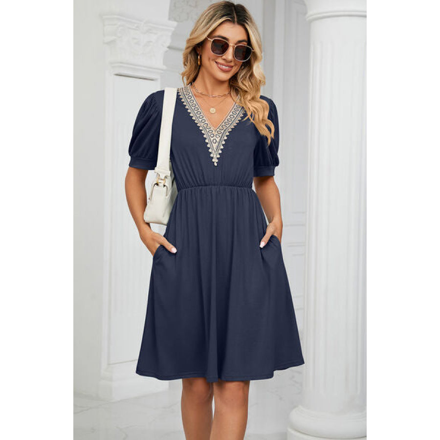 V - Neck Puff Sleeve Dress Navy / S Apparel and Accessories