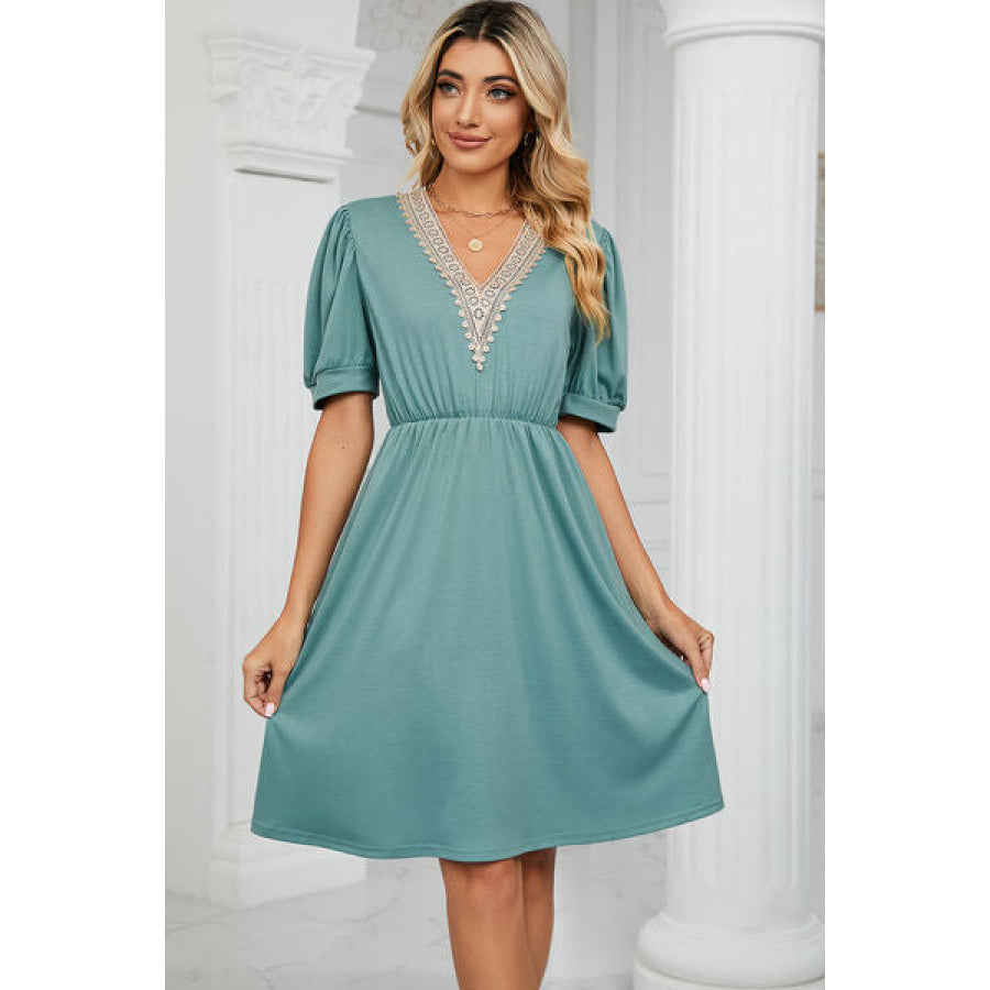 V - Neck Puff Sleeve Dress Teal / S Apparel and Accessories