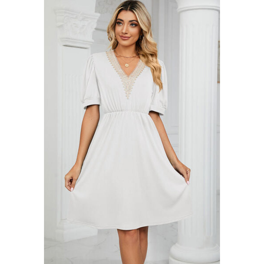 V - Neck Puff Sleeve Dress White / S Apparel and Accessories