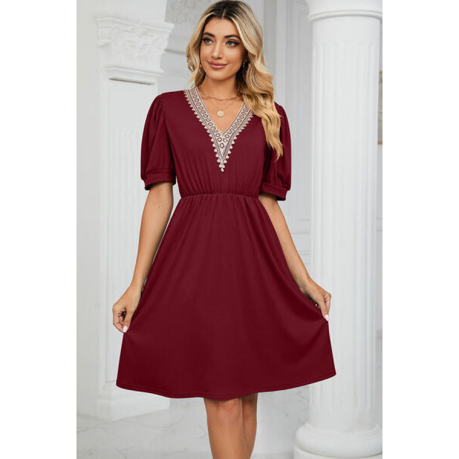 V - Neck Puff Sleeve Dress Wine / S Apparel and Accessories