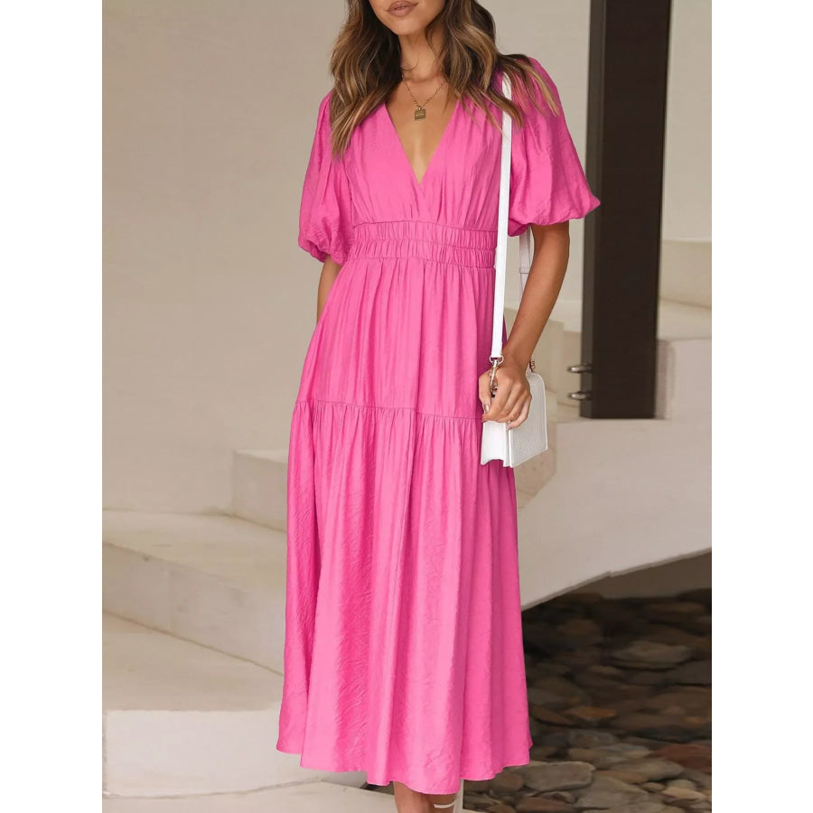 V-Neck Puff Sleeve Midi Dress Apparel and Accessories