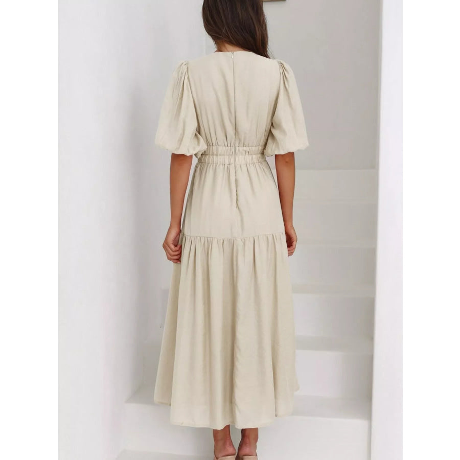 V-Neck Puff Sleeve Midi Dress Apparel and Accessories