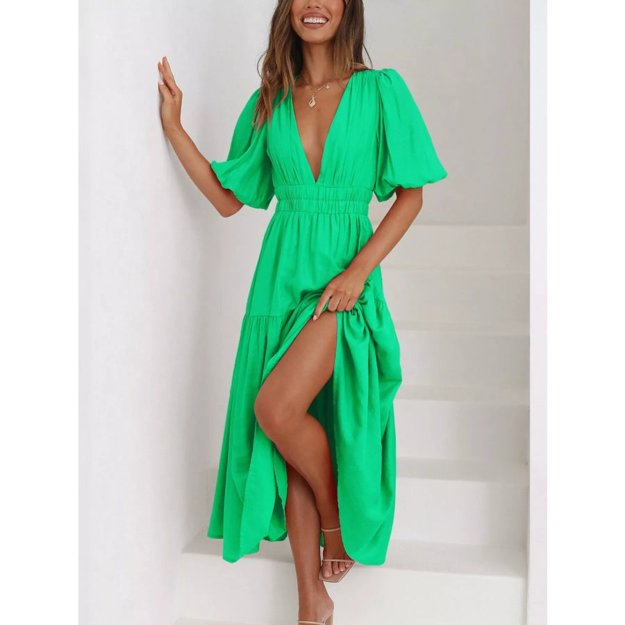 V-Neck Puff Sleeve Midi Dress Apparel and Accessories