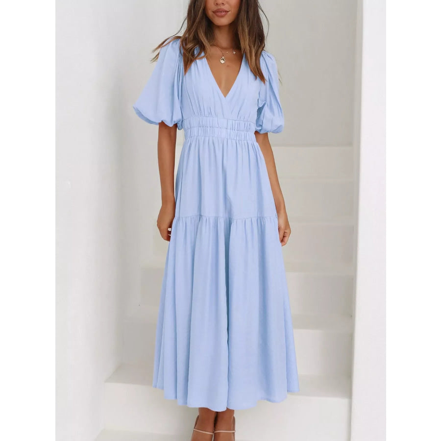 V-Neck Puff Sleeve Midi Dress Apparel and Accessories