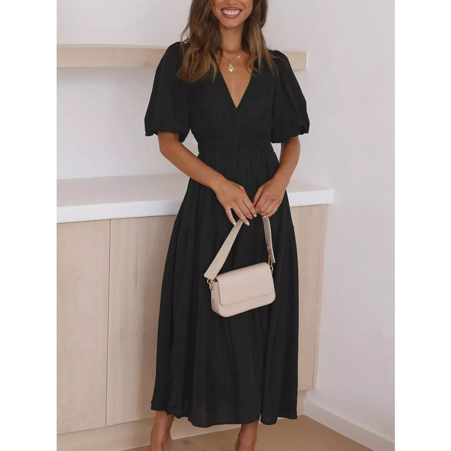 V-Neck Puff Sleeve Midi Dress Apparel and Accessories
