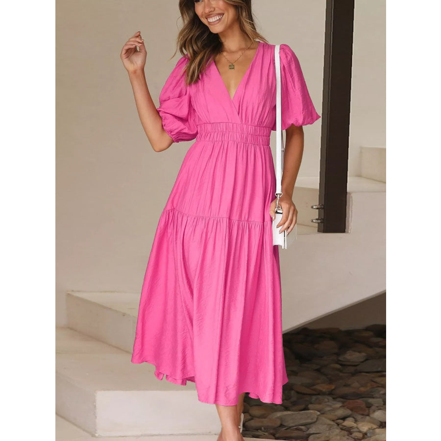 V-Neck Puff Sleeve Midi Dress Apparel and Accessories