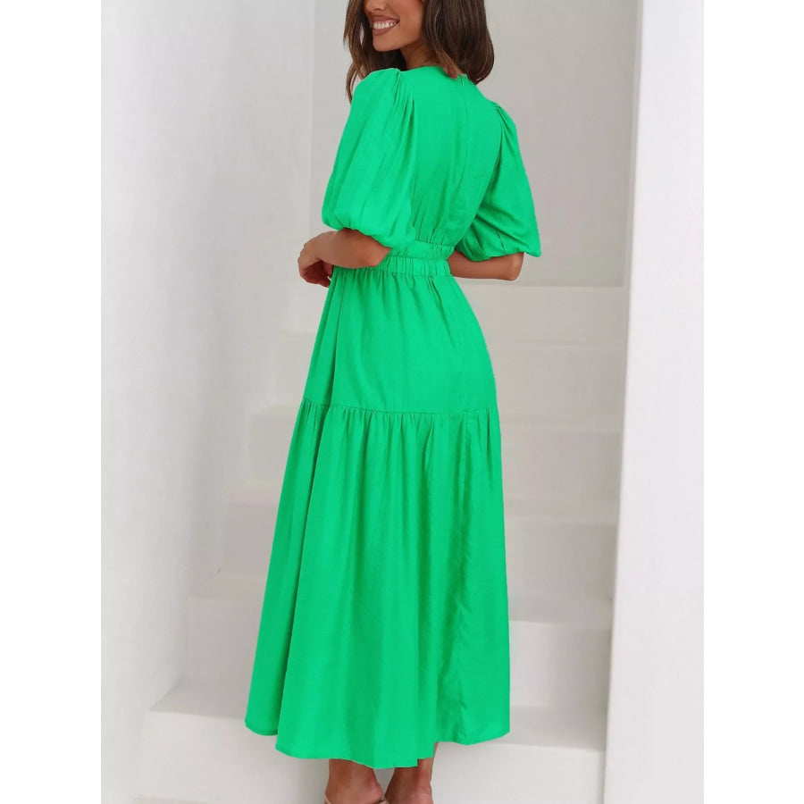 V-Neck Puff Sleeve Midi Dress Apparel and Accessories