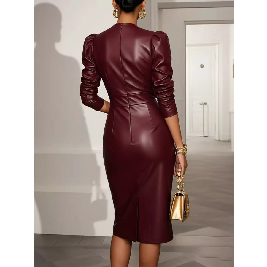 V-Neck Puff Sleeve Midi Dress Apparel and Accessories