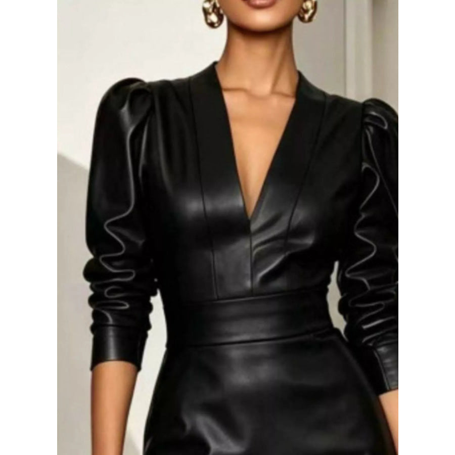 V-Neck Puff Sleeve Midi Dress Apparel and Accessories