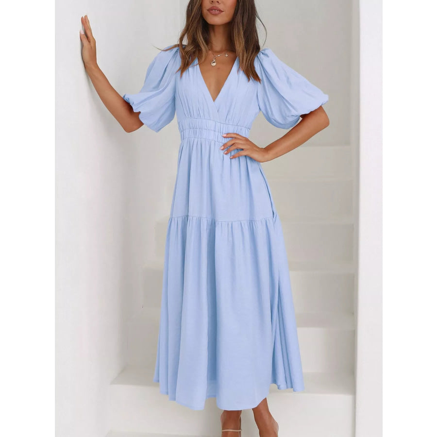 V-Neck Puff Sleeve Midi Dress Apparel and Accessories