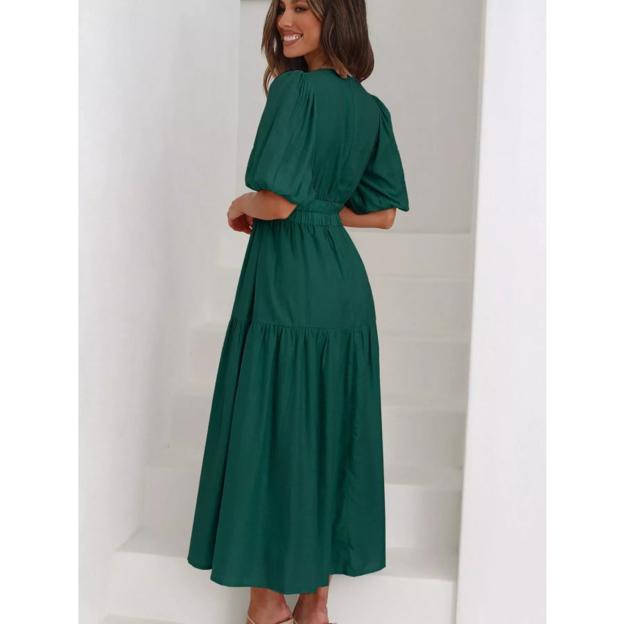 V-Neck Puff Sleeve Midi Dress Apparel and Accessories