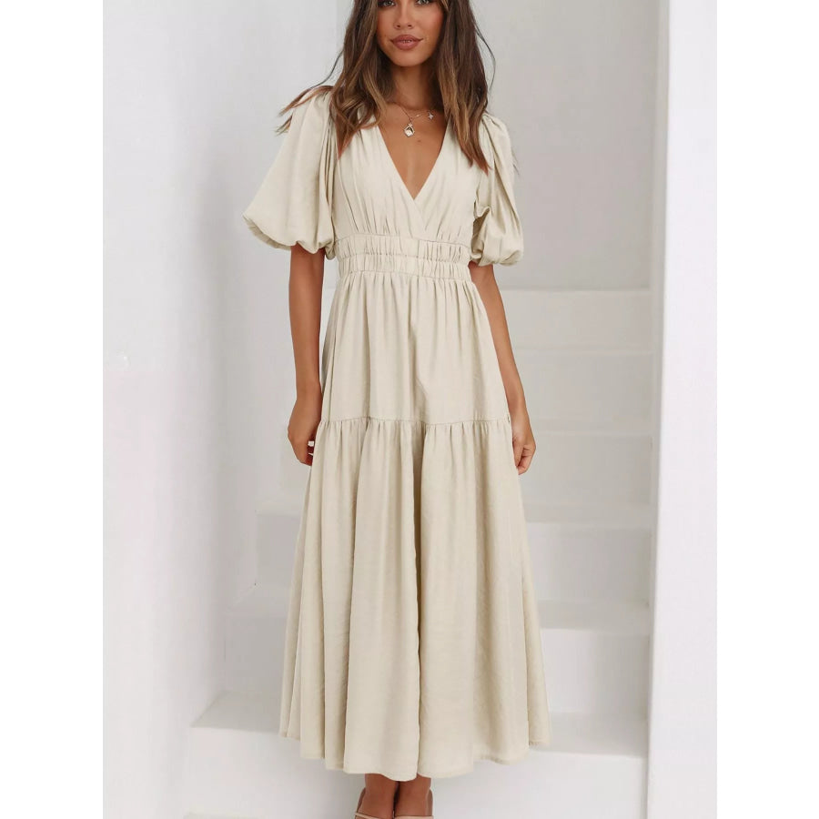 V-Neck Puff Sleeve Midi Dress Apparel and Accessories