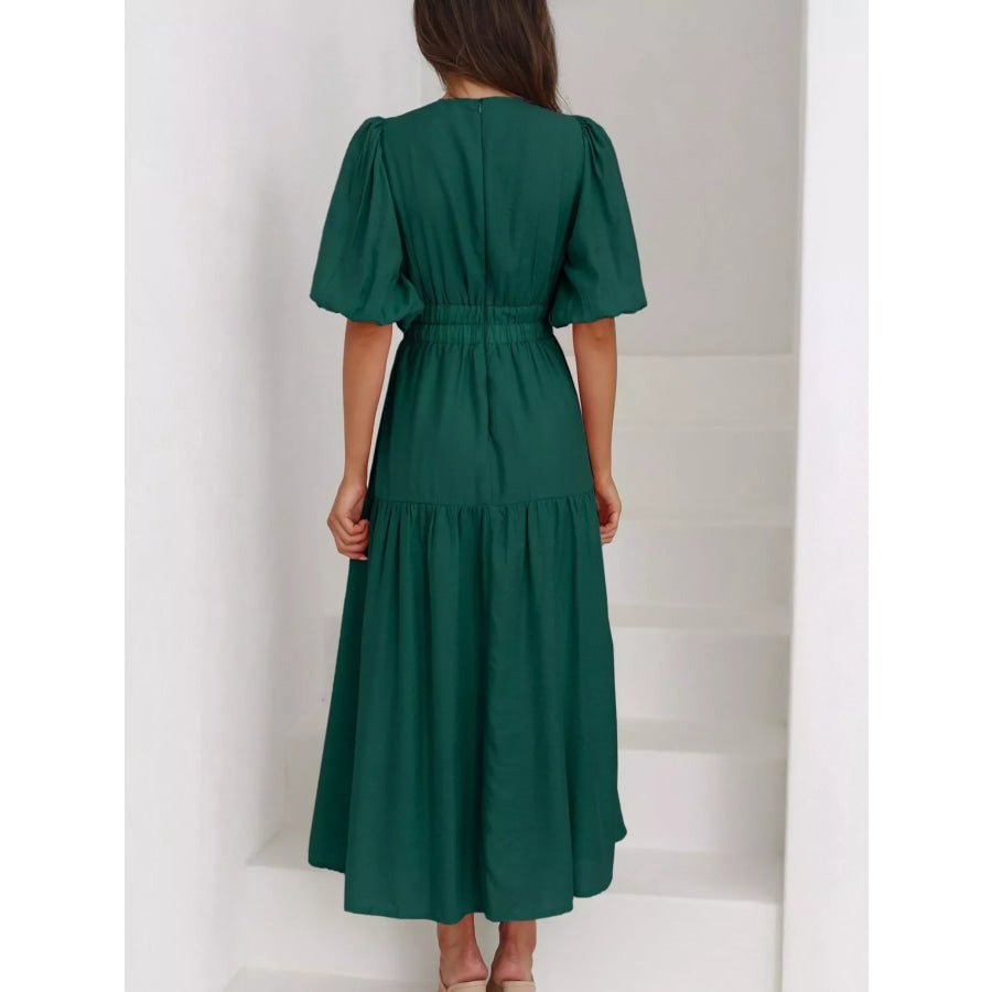 V-Neck Puff Sleeve Midi Dress Apparel and Accessories