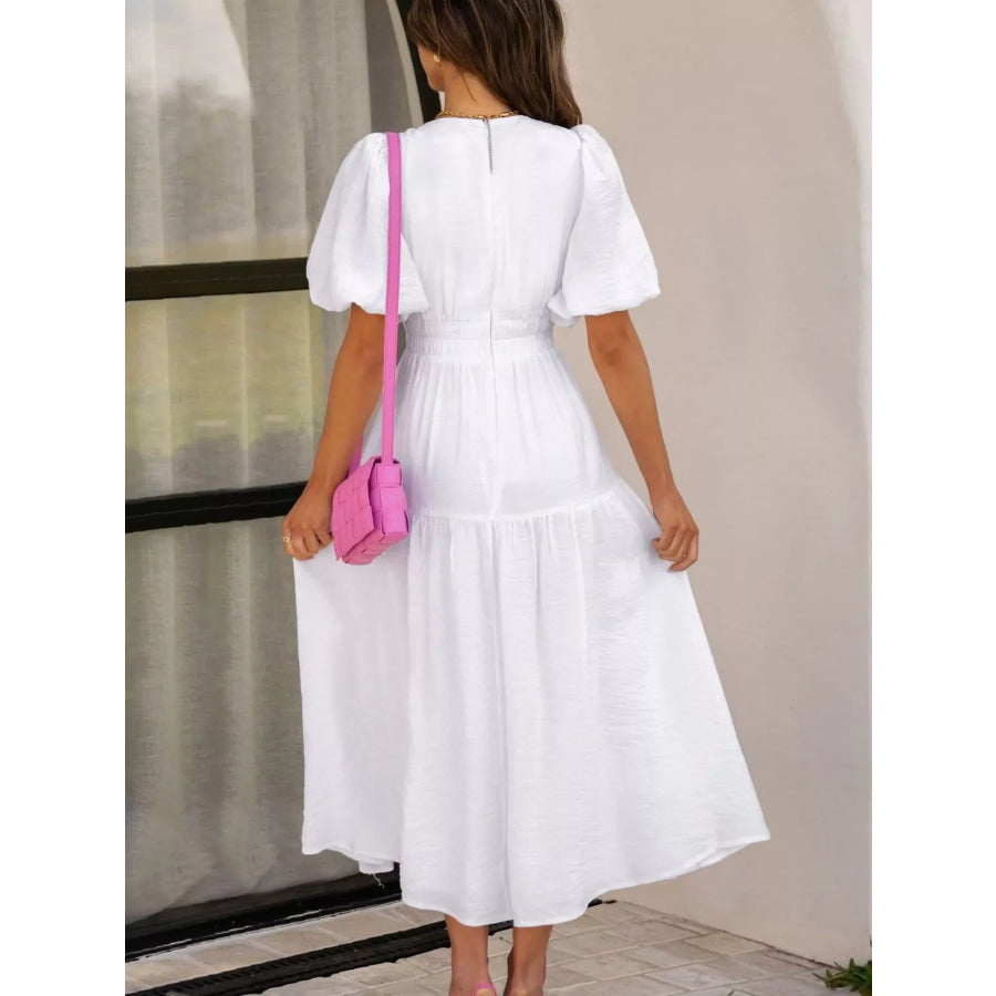 V-Neck Puff Sleeve Midi Dress Apparel and Accessories