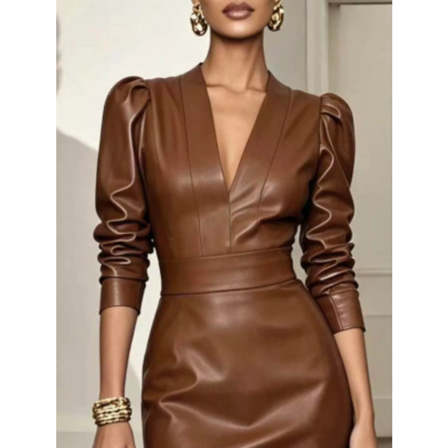 V-Neck Puff Sleeve Midi Dress Apparel and Accessories