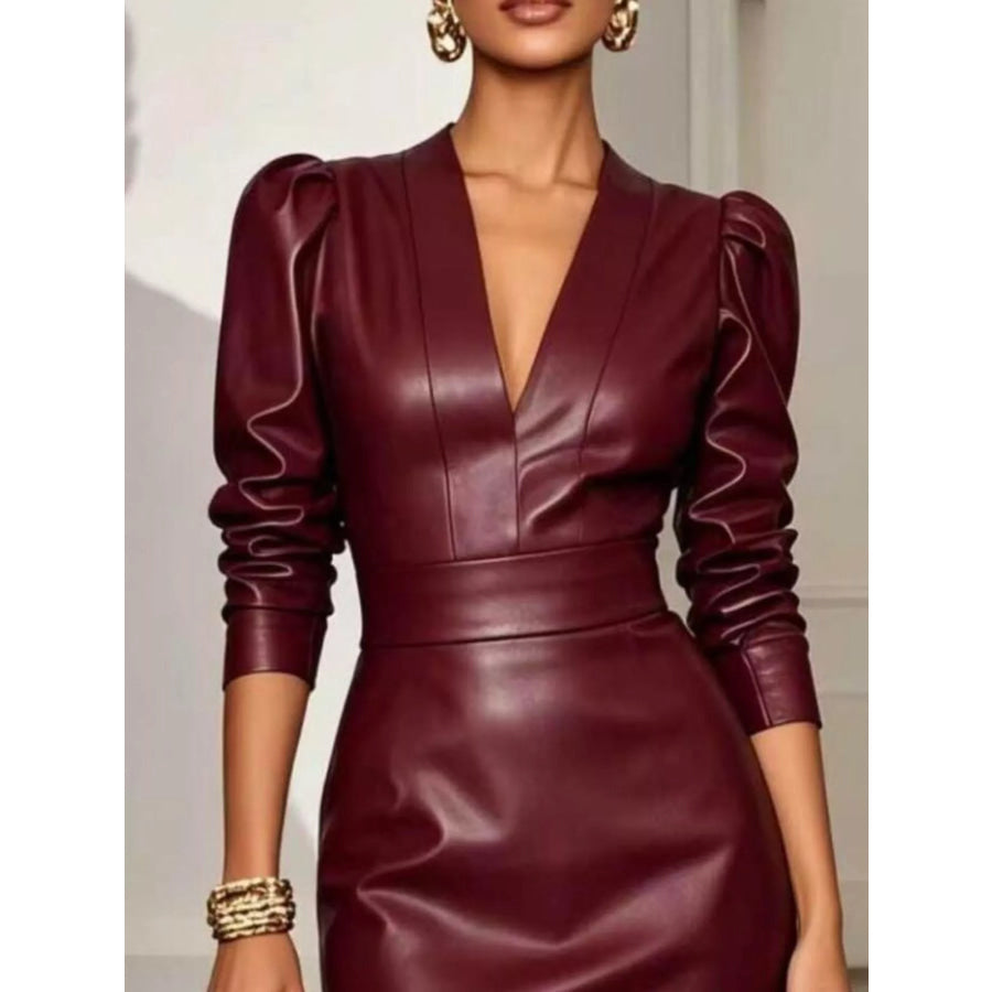 V-Neck Puff Sleeve Midi Dress Apparel and Accessories