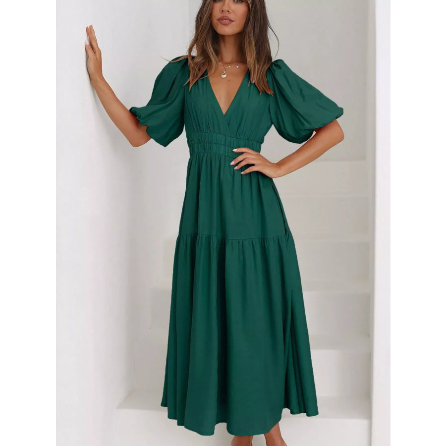 V-Neck Puff Sleeve Midi Dress Apparel and Accessories