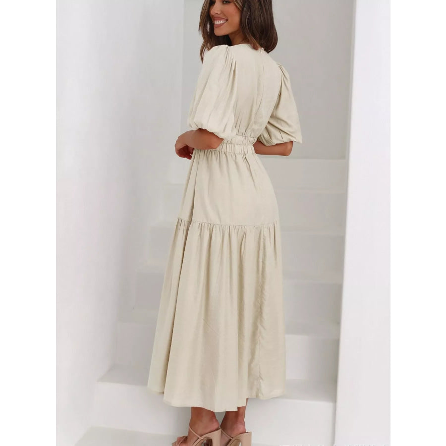 V-Neck Puff Sleeve Midi Dress Apparel and Accessories