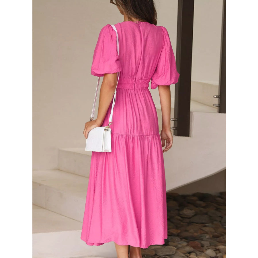 V-Neck Puff Sleeve Midi Dress Apparel and Accessories