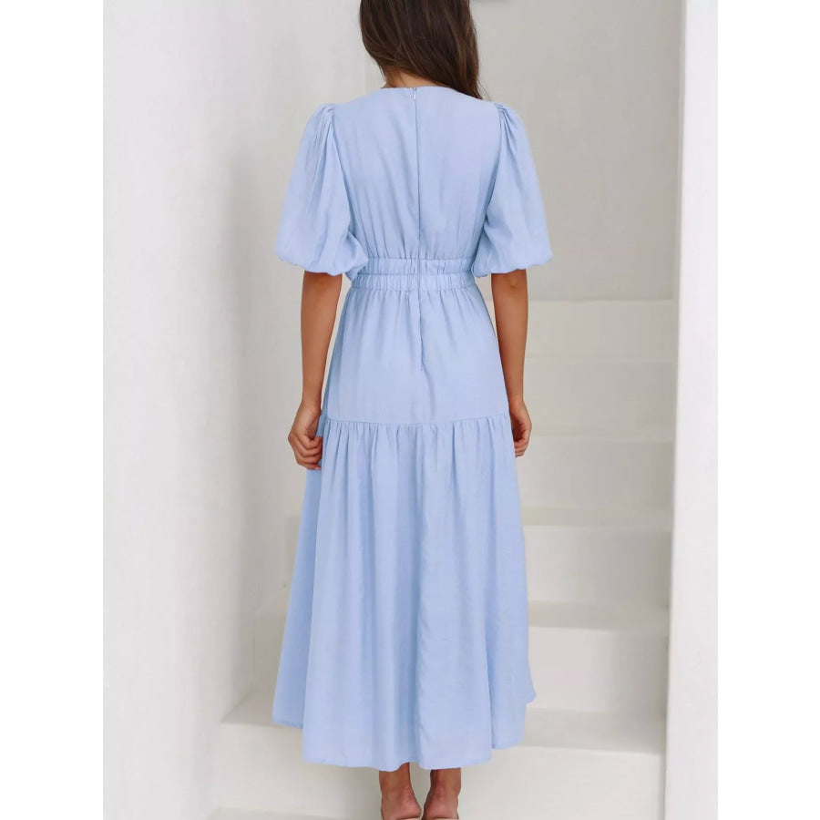 V-Neck Puff Sleeve Midi Dress Apparel and Accessories