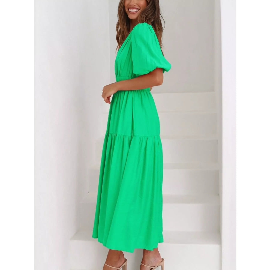 V-Neck Puff Sleeve Midi Dress Apparel and Accessories