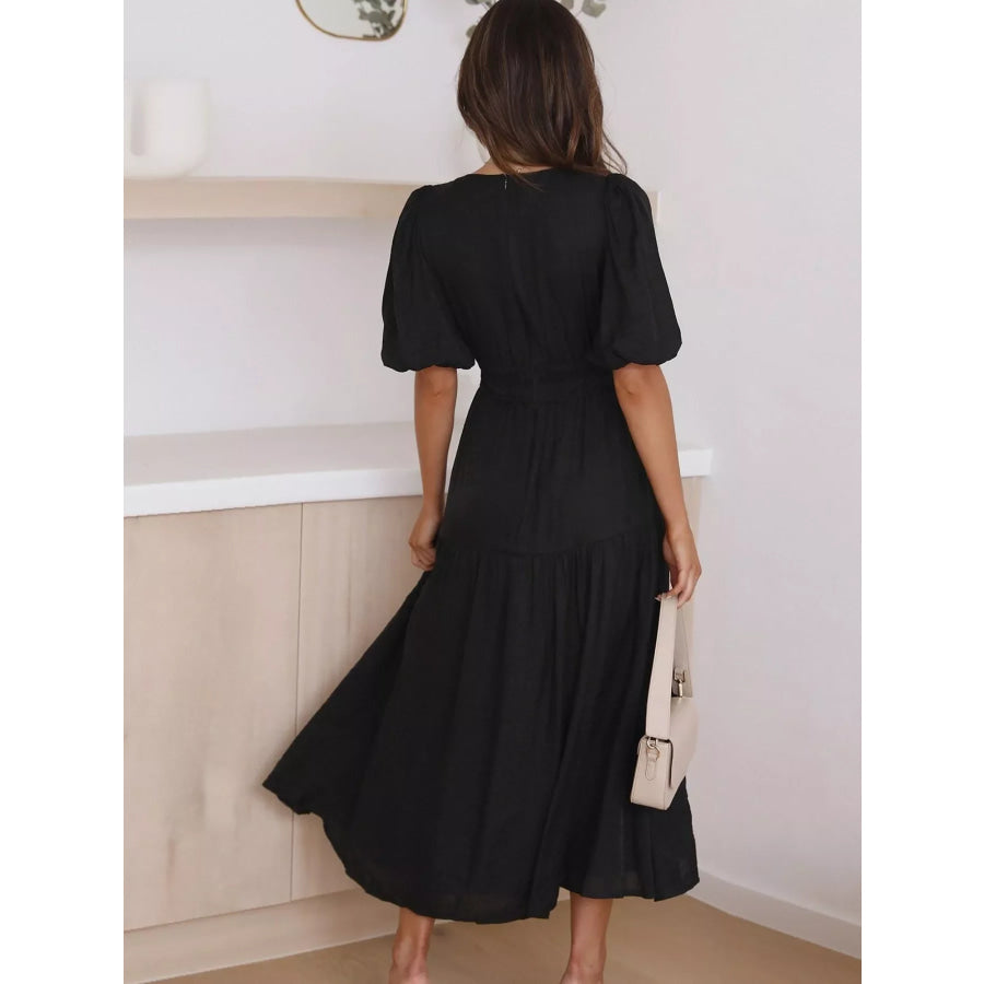 V-Neck Puff Sleeve Midi Dress Apparel and Accessories