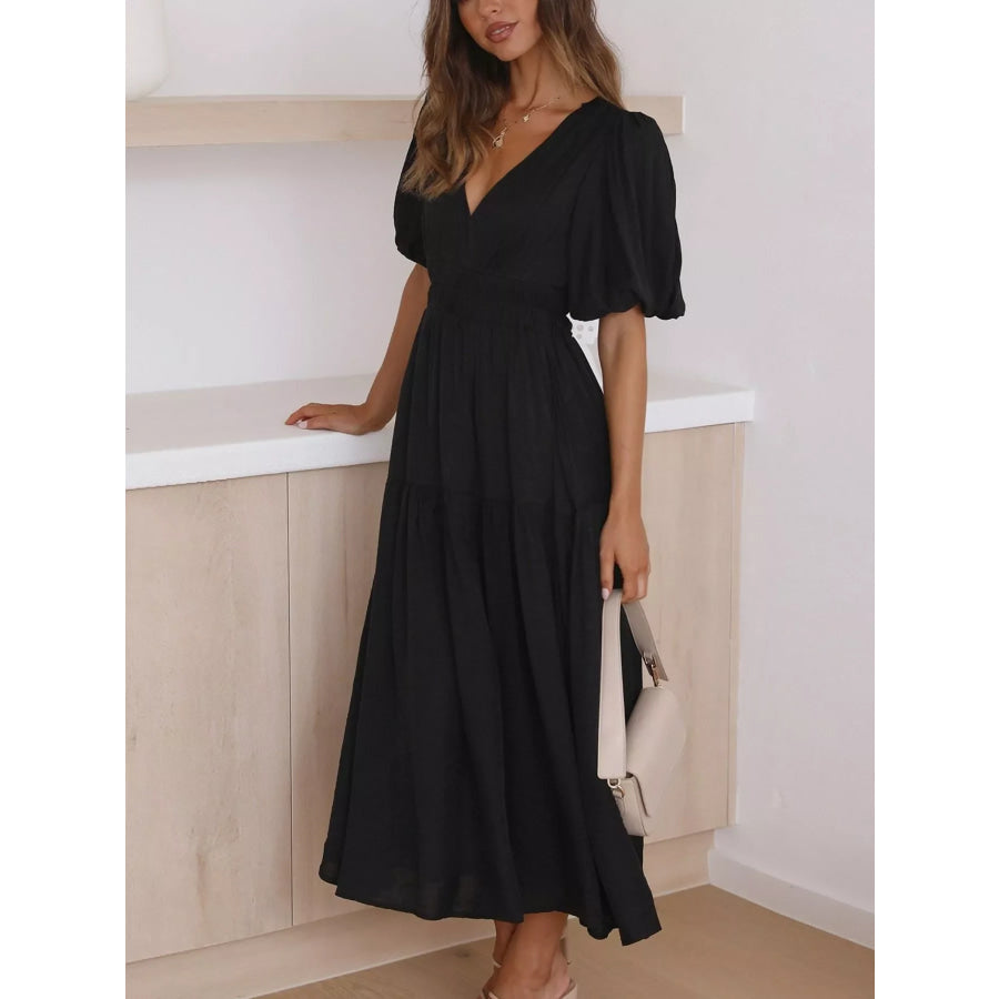 V-Neck Puff Sleeve Midi Dress Apparel and Accessories