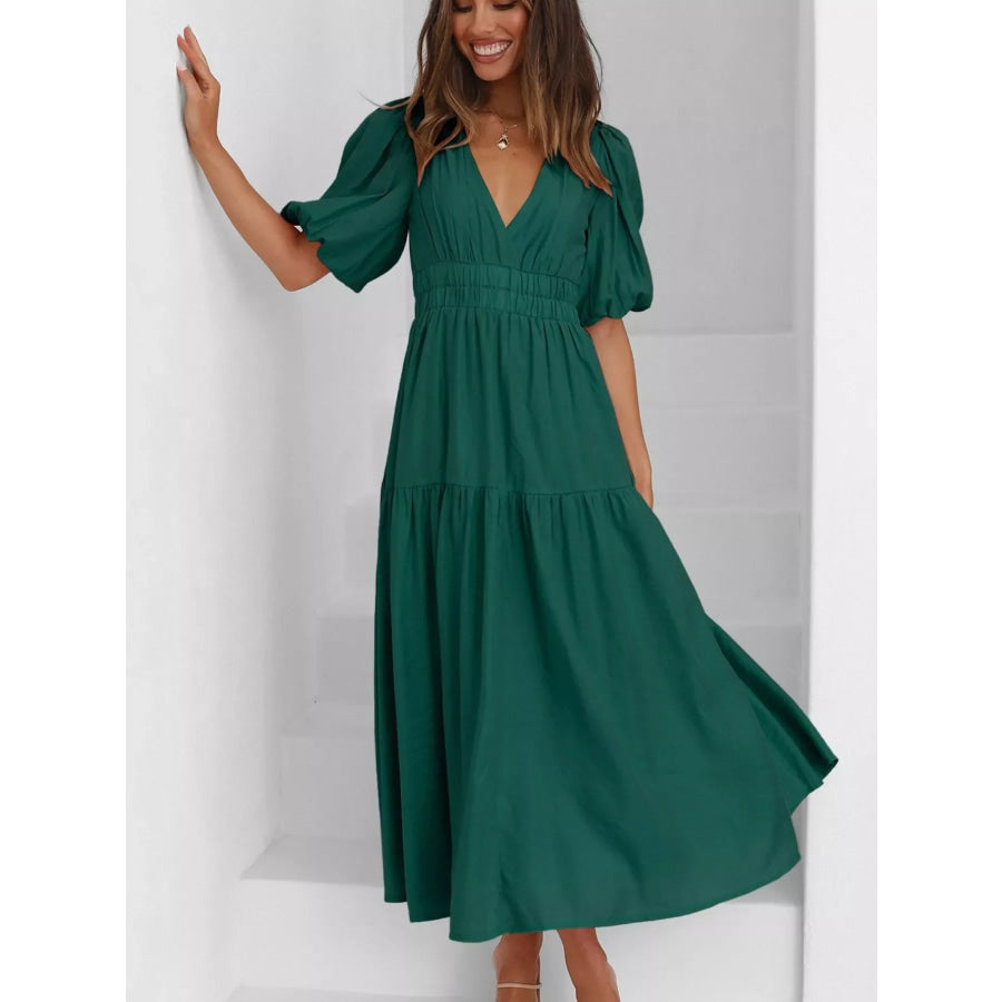 V-Neck Puff Sleeve Midi Dress Apparel and Accessories