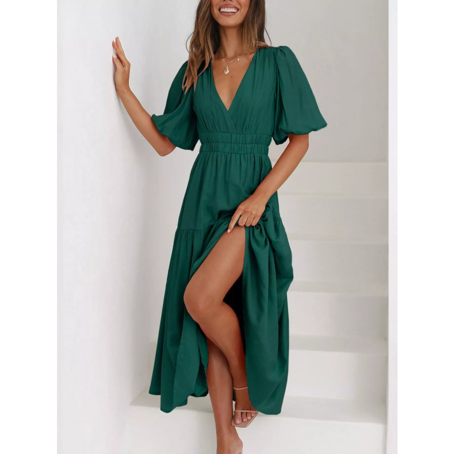 V-Neck Puff Sleeve Midi Dress Black Forest / S Apparel and Accessories