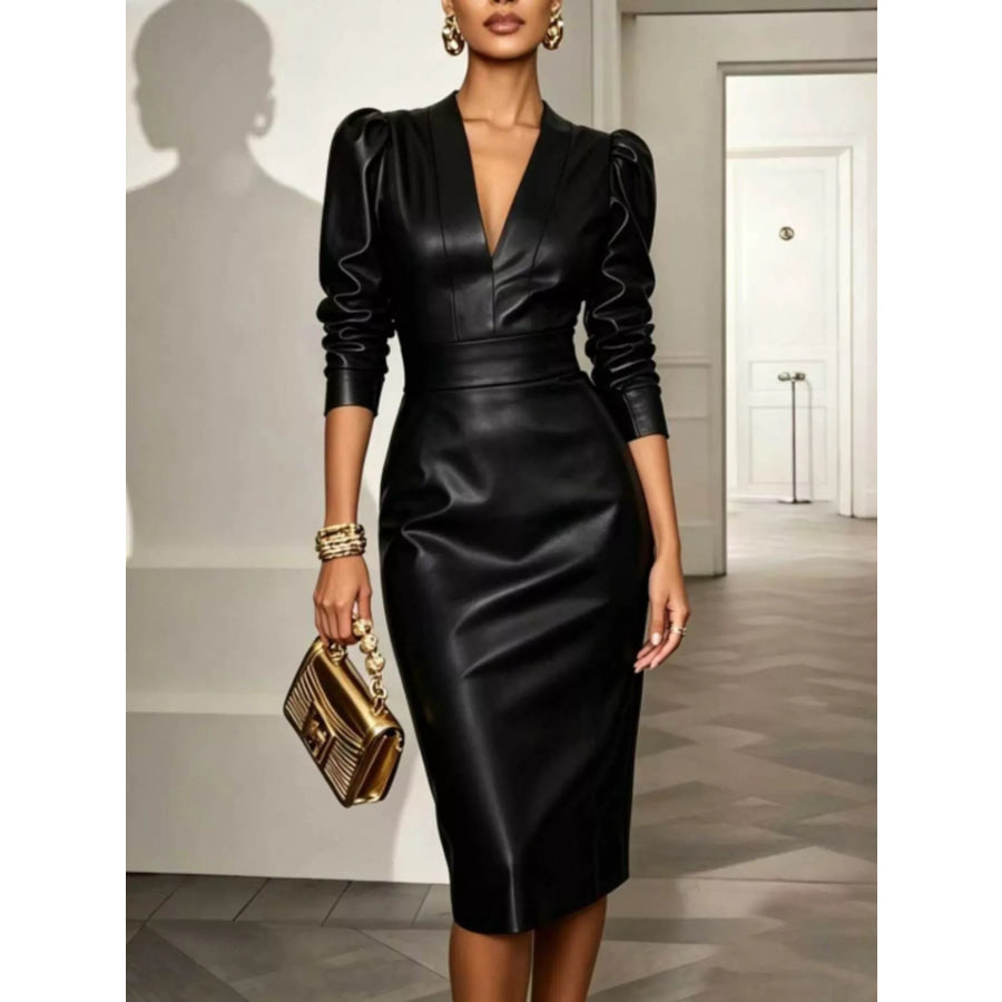V-Neck Puff Sleeve Midi Dress Black / S Apparel and Accessories