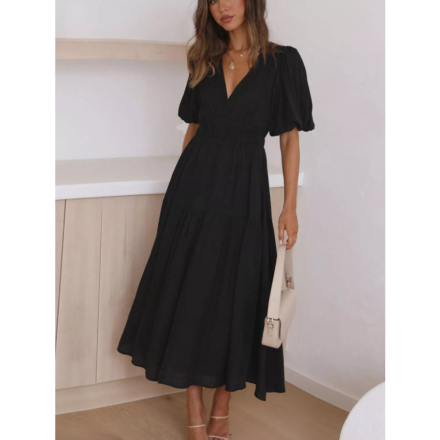 V-Neck Puff Sleeve Midi Dress Black / S Apparel and Accessories