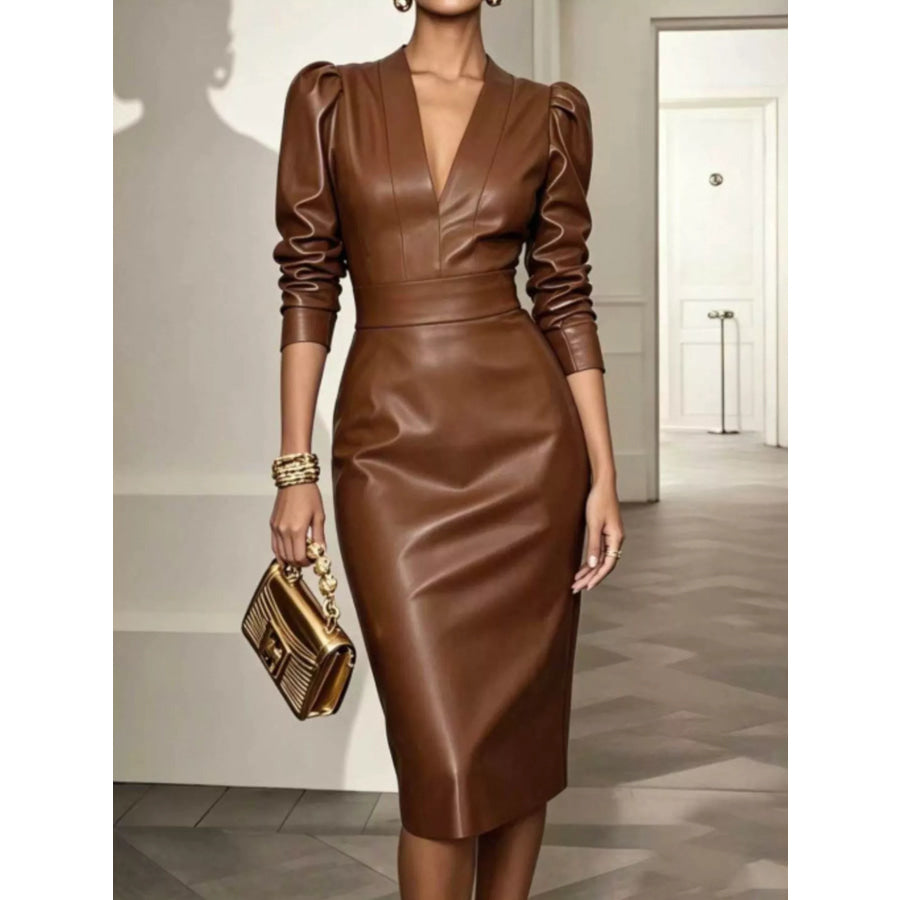 V-Neck Puff Sleeve Midi Dress Brown / S Apparel and Accessories