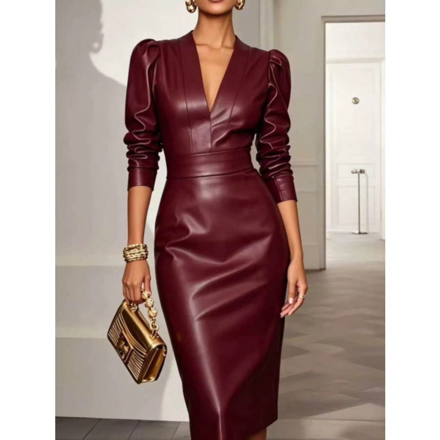 V-Neck Puff Sleeve Midi Dress Burgundy / S Apparel and Accessories