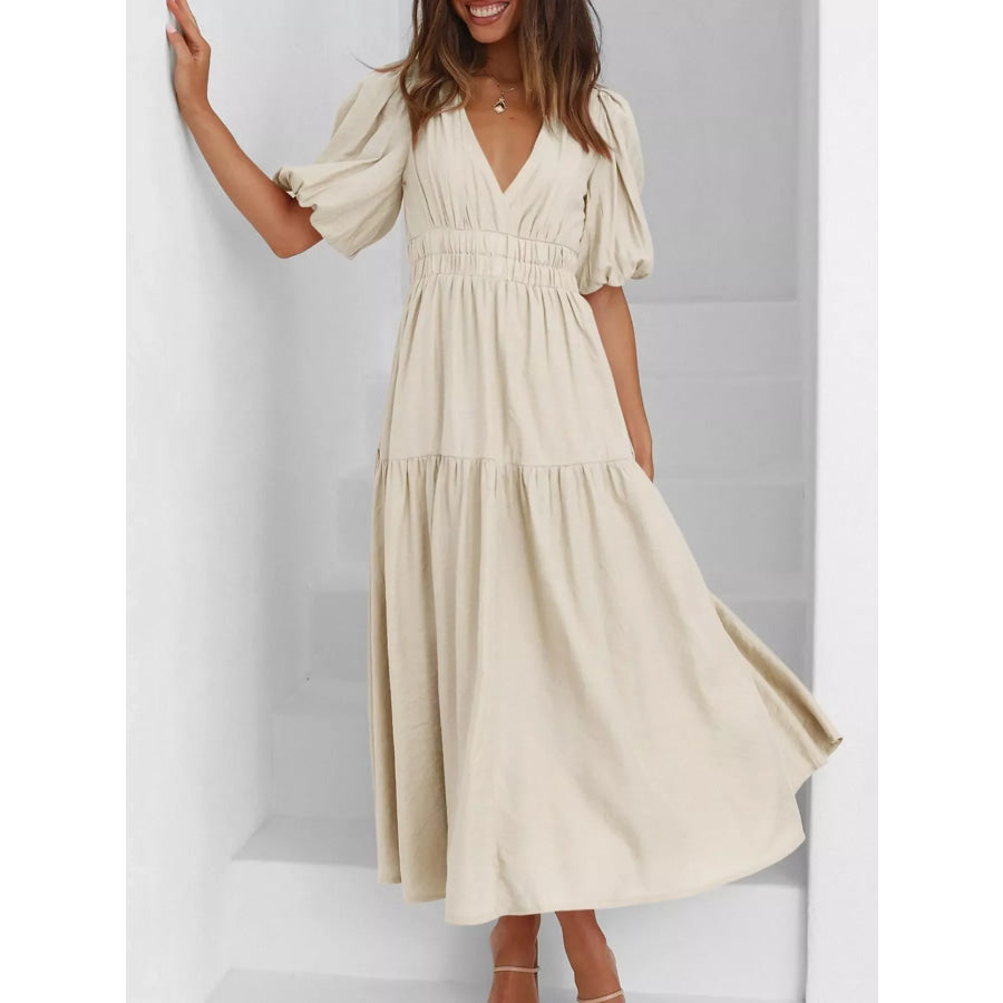 V-Neck Puff Sleeve Midi Dress Cream / S Apparel and Accessories