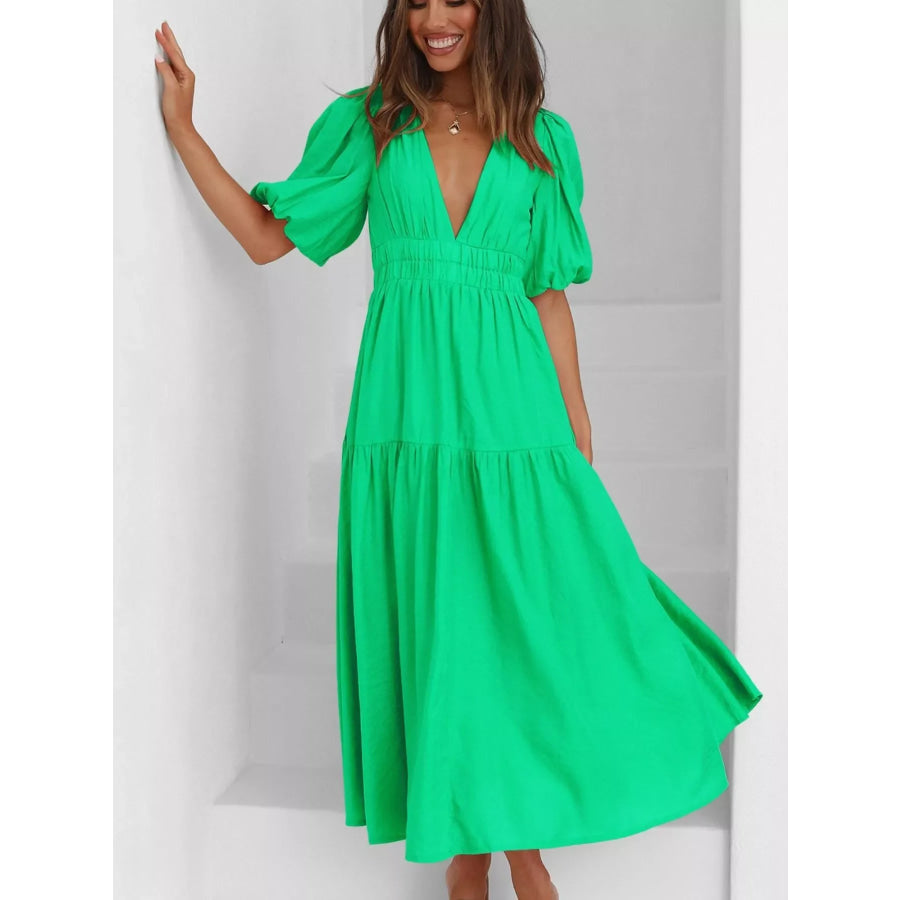 V-Neck Puff Sleeve Midi Dress Green / S Apparel and Accessories