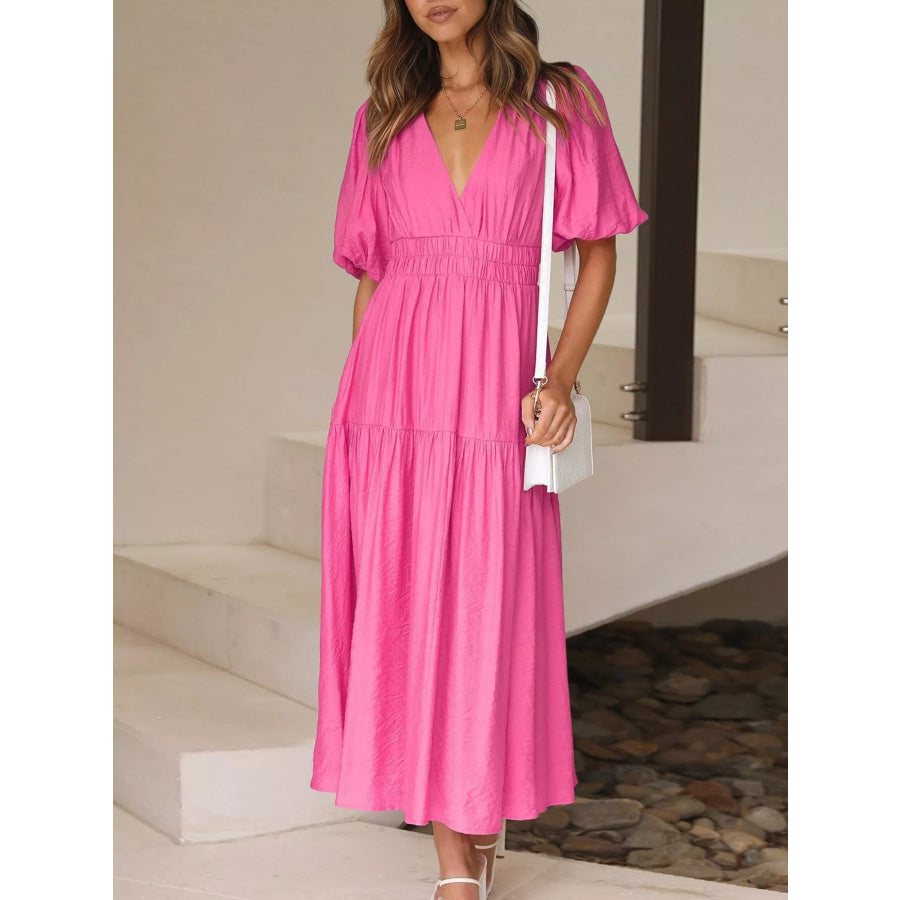 V-Neck Puff Sleeve Midi Dress Hot Pink / S Apparel and Accessories