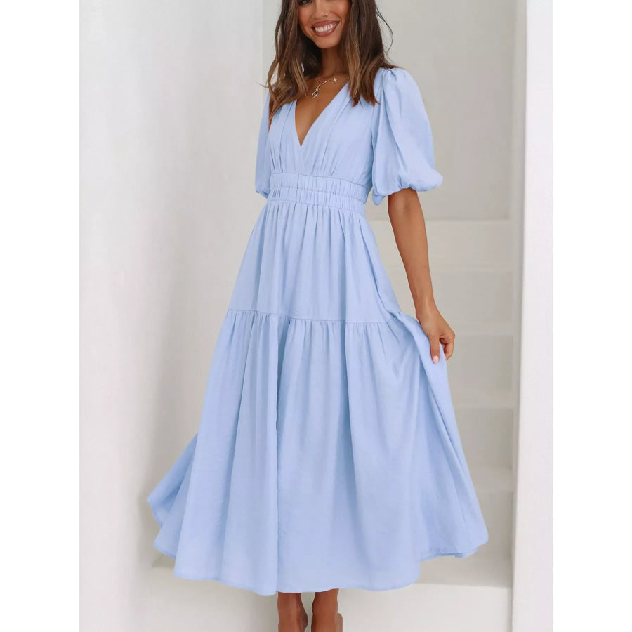 V-Neck Puff Sleeve Midi Dress Light Blue / S Apparel and Accessories