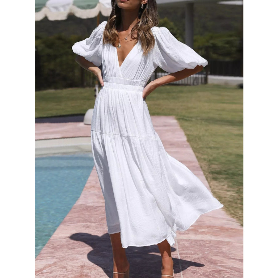 V-Neck Puff Sleeve Midi Dress White / S Apparel and Accessories