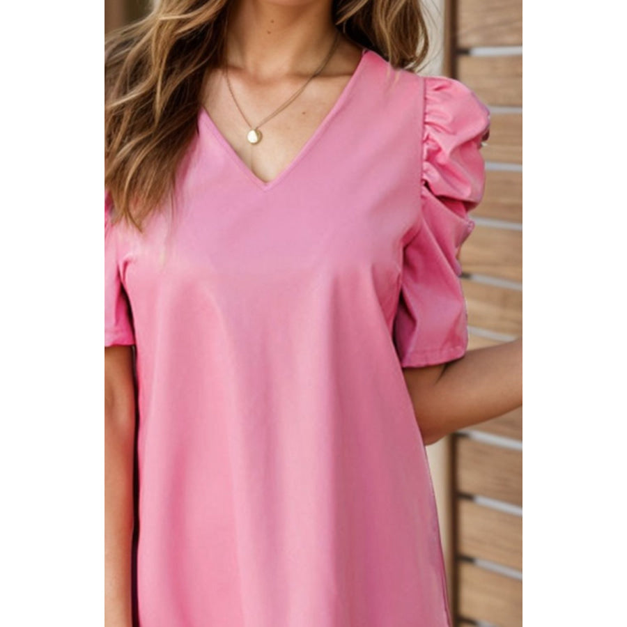 V-Neck Puff Sleeve Mini Dress Apparel and Accessories