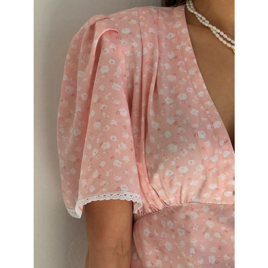 V-Neck Puff Sleeve Mini Dress with Lace Trim Apparel and Accessories