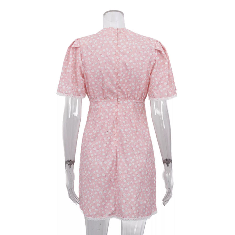 V-Neck Puff Sleeve Mini Dress with Lace Trim Apparel and Accessories