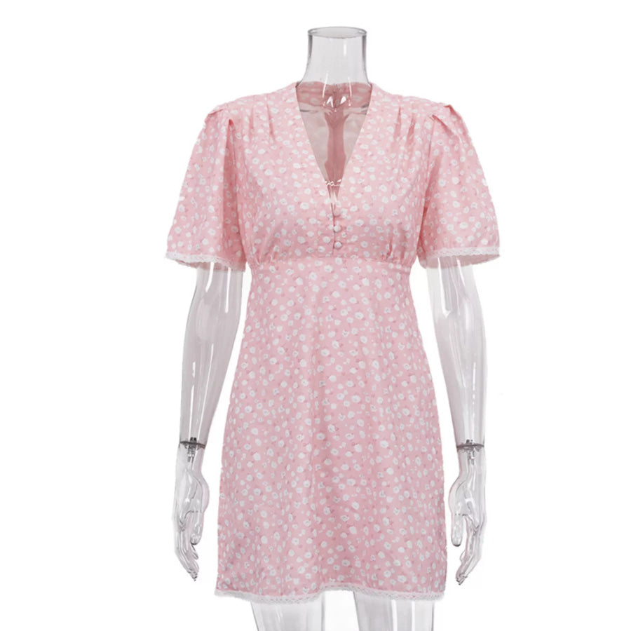 V-Neck Puff Sleeve Mini Dress with Lace Trim Apparel and Accessories
